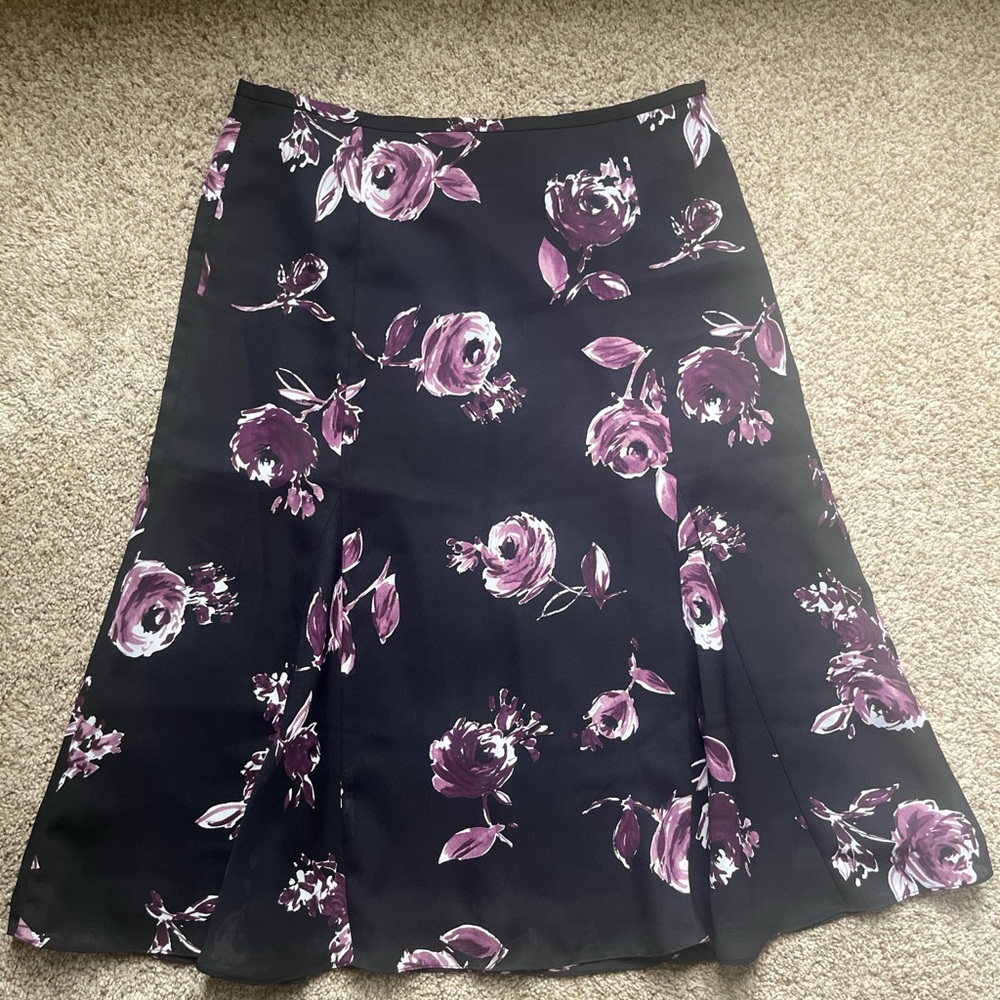 Ann Taylor Black and Purple Floral A-Line Skirt